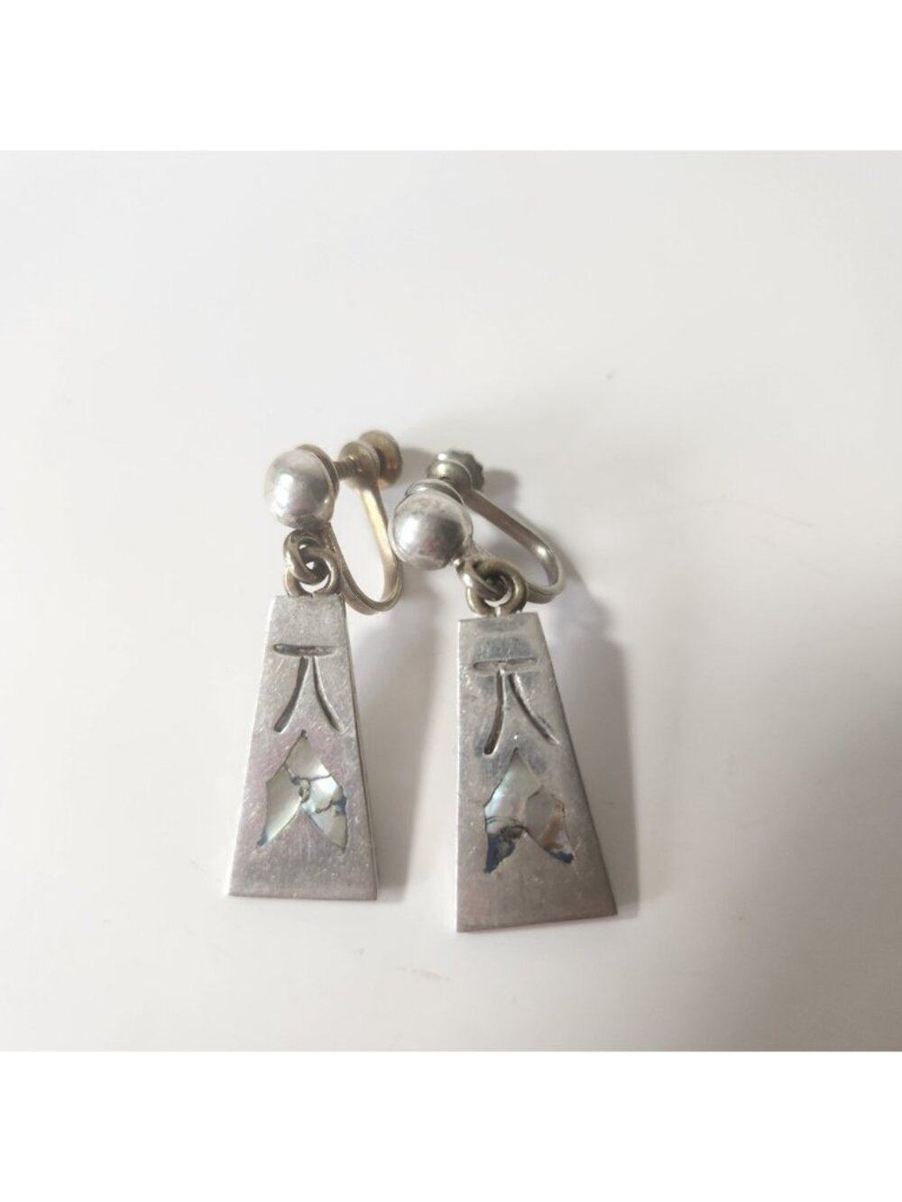 Vintage Mexico 925 Sterling Silver Abalone Inlay Screw Back Drop Earrings VR-08